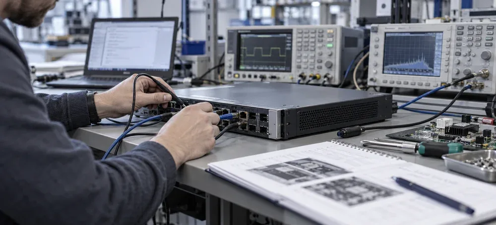 Technical specialist evaluating ICT equipment in a laboratory.