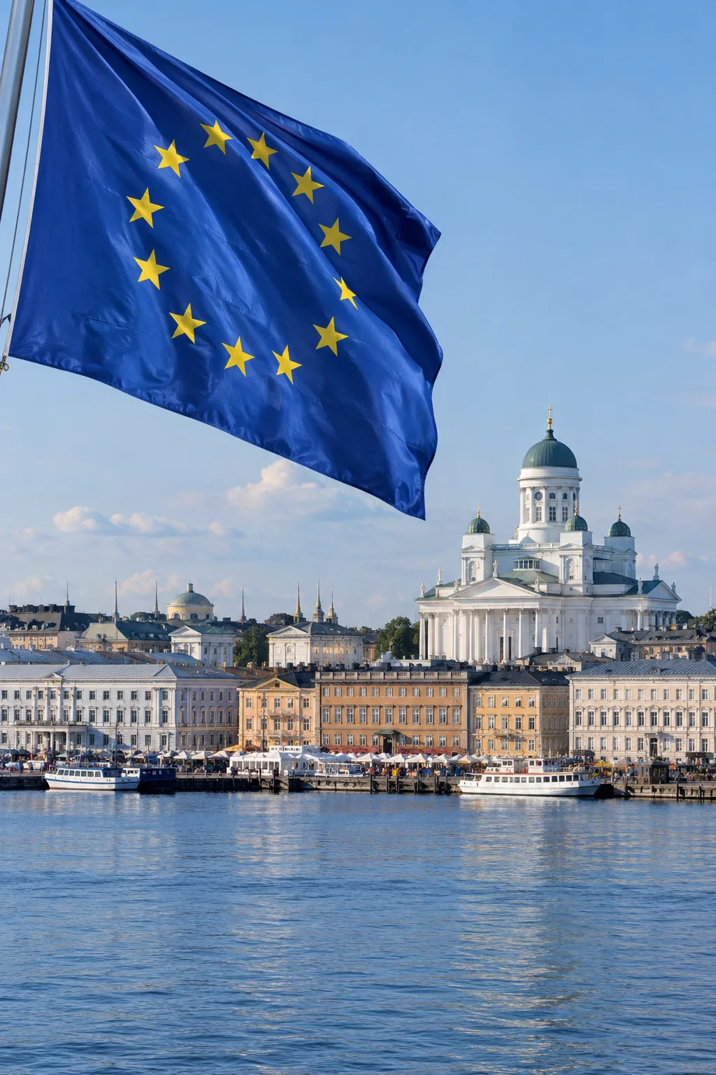 European Union flag above the Helsinki waterfront.